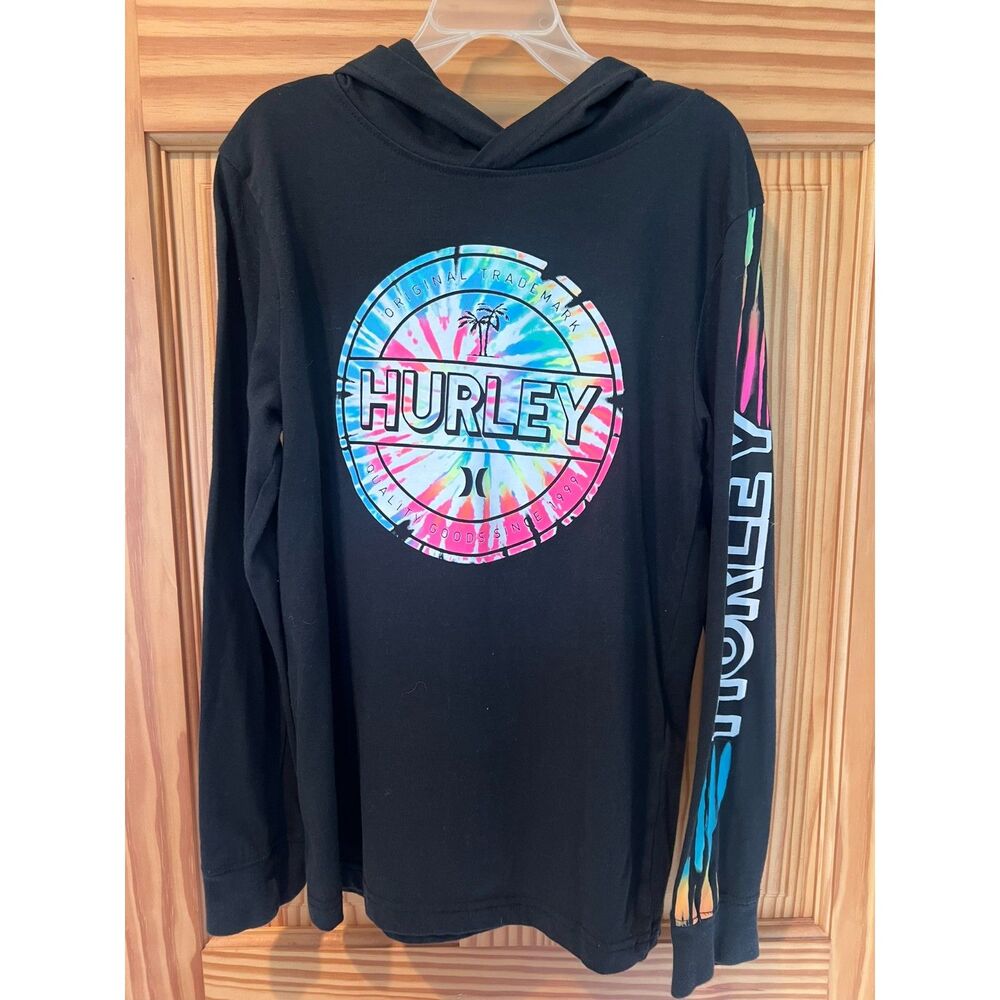 Hurley Boys Hooded Long Sleeve T-Shirt Black Tie Dye Logo Size M